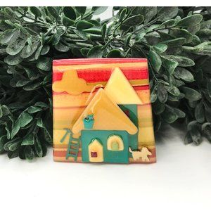 Vintage brooch resin house with dog by House Pins by Lucinda